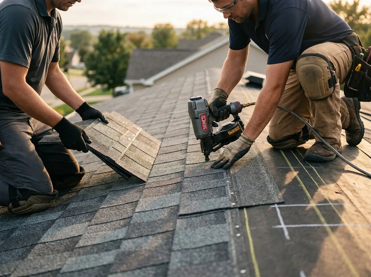 Professional roofer working on a residential roof in Morgan City